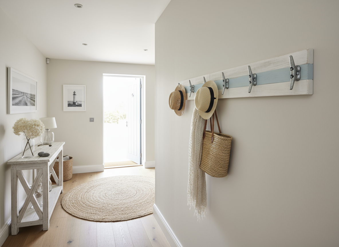 Handmade wall mounted wooden coat rack in a boot room, painted white with galvanised boat cleat hooks