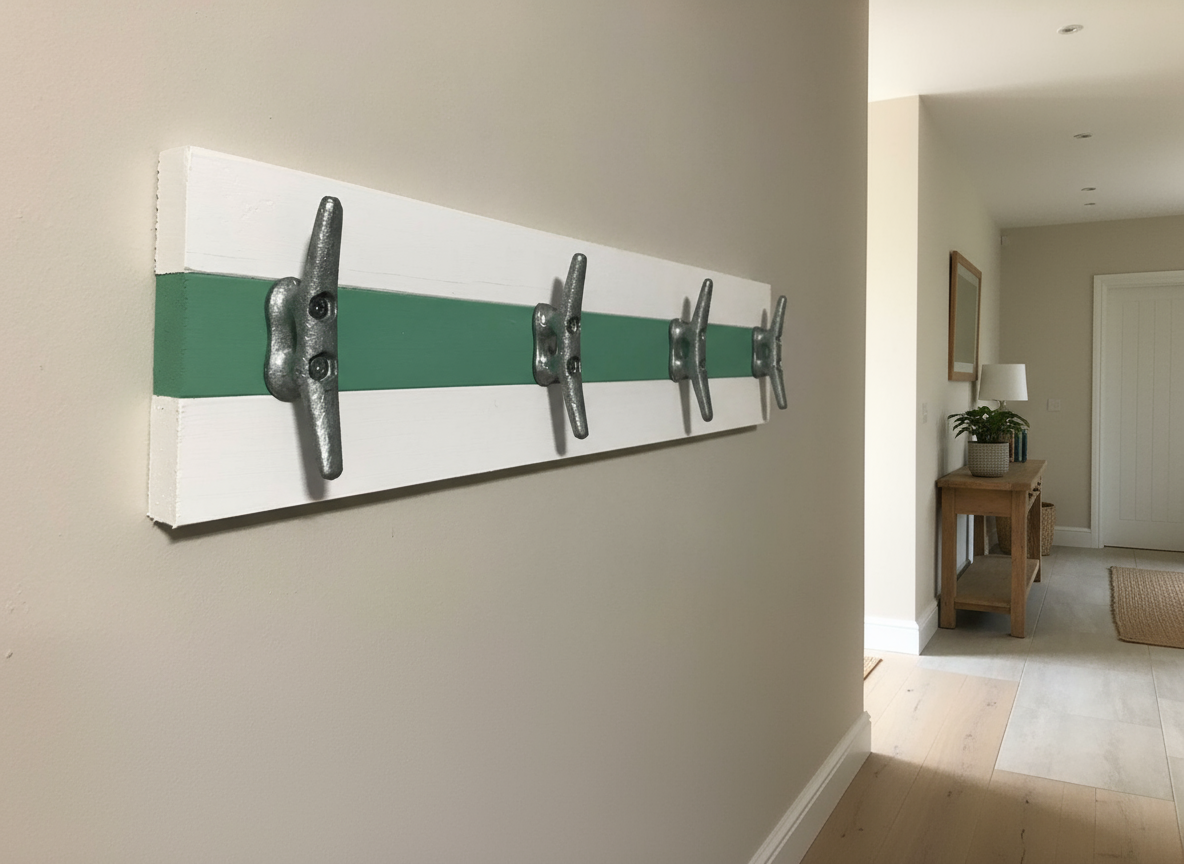 Wooden coat rack fitted above a bench in a narrow hallway